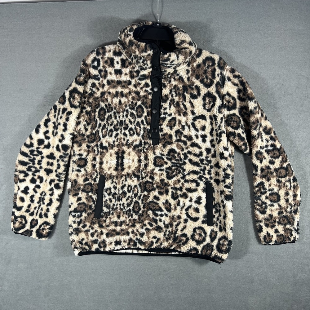 Karen Hart Women's L Large Leopard Print Sherpa Fleece Pullover‎ Snap Sweatshirt